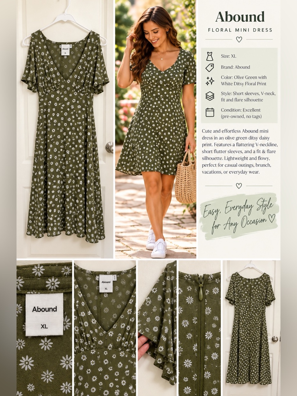 Abound Olive Green with White Ditsy Floral Mini Dress